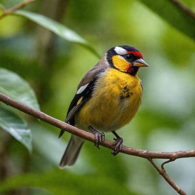 The primary subject of the image is a small yellow and black bird perched on a tree branch. The bird is the focal point of the scene, and it appears to be looking at the camera. The setting is a lush green forest, with trees and foliage surrounding the bird. The visual style of the image is a close-up of the bird, capturing its details and colors. The colors and mood of the image are vibrant and lively, with the bird's bright yellow and black feathers contrast
